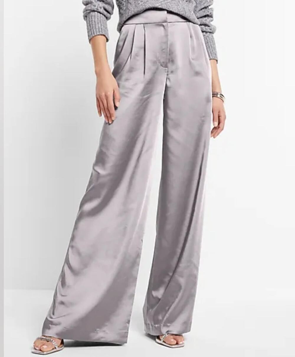 Express Wide Leg Super High Rise Gray Satin Trouser Pants 4R